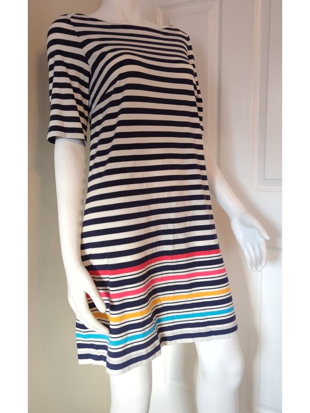 TOMMY HILFIGER Blue White Rainbow Striped A-line Short Sleeve Dress Women Size M